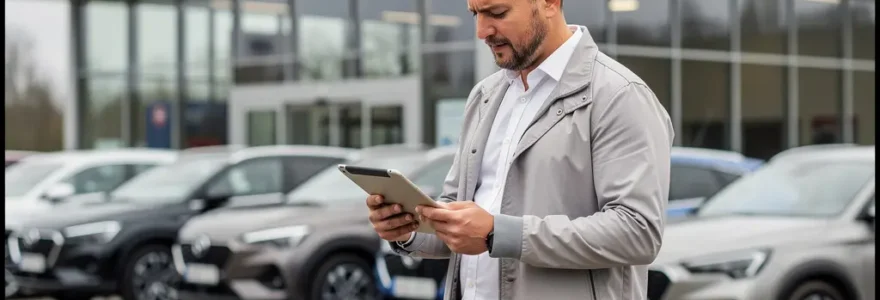 Fleet manager reviewing car rental software dashboard on tablet at vehicle lot