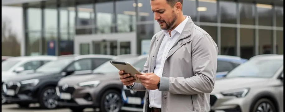 Fleet manager reviewing car rental software dashboard on tablet at vehicle lot