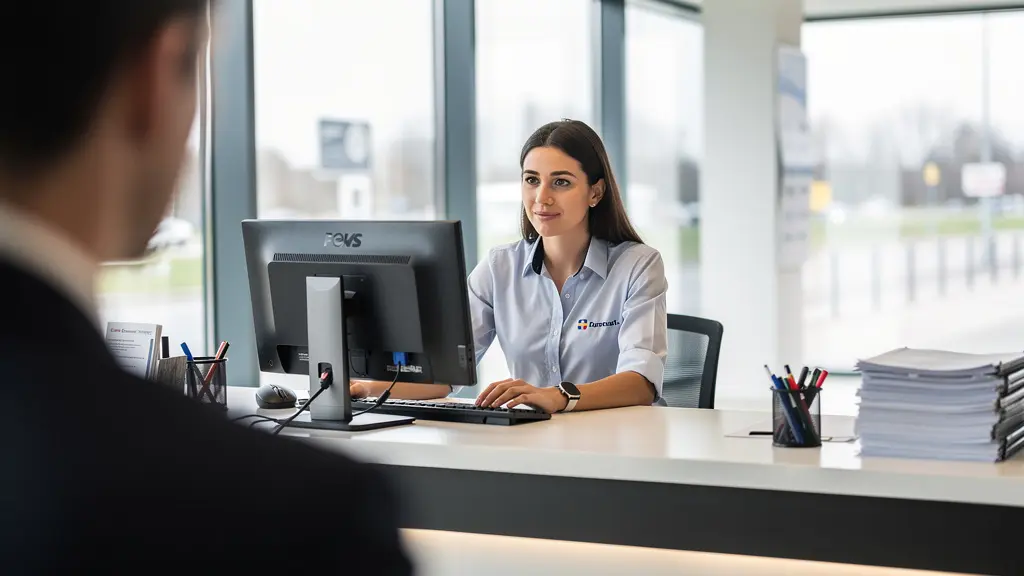 Car rental desk employee checking booking system with customer waiting