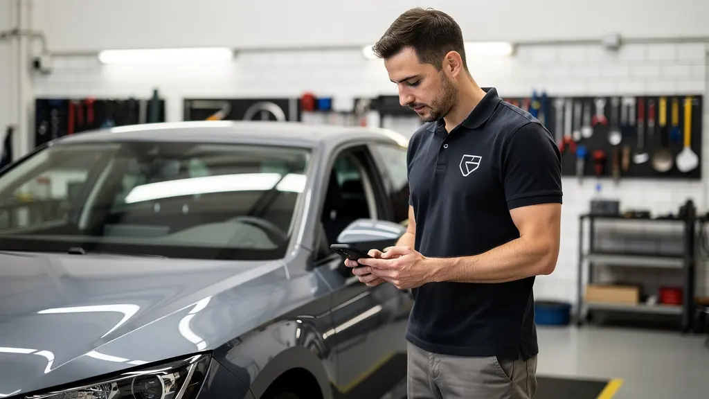 Technician conducting vehicle inspection with mobile device for fleet management
