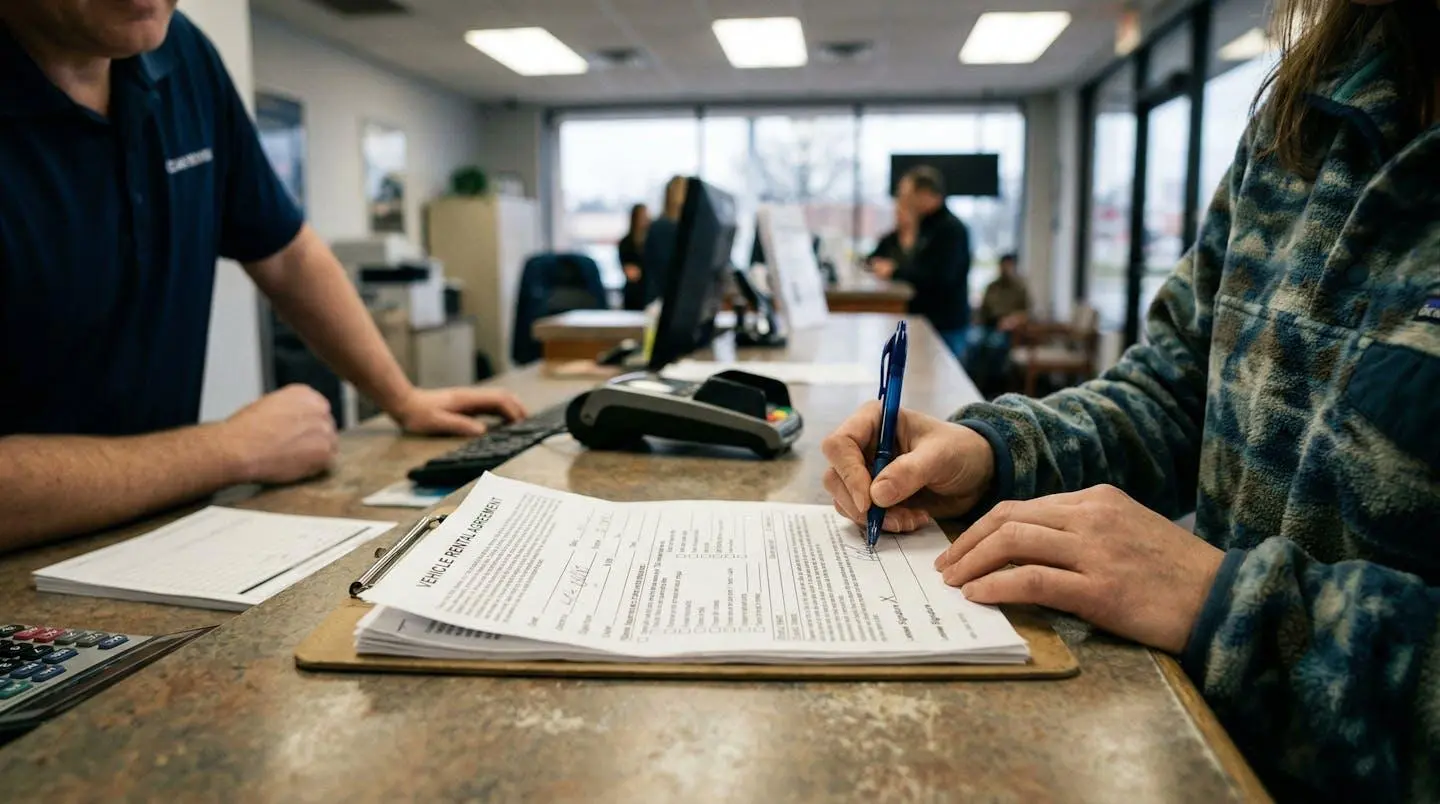 A customer signs rental paperwork at a counter with a pen in hand while an employee is partially visible beside them