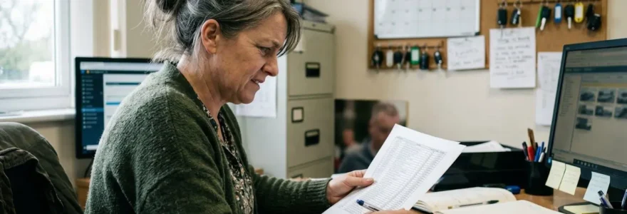 A fleet manager sits at a desk reviewing documents with a cup of coffee nearby and vehicle keys visible in the background