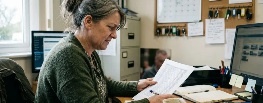 A fleet manager sits at a desk reviewing documents with a cup of coffee nearby and vehicle keys visible in the background