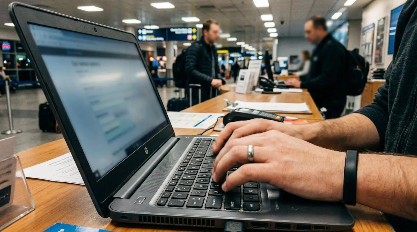 Close-up of hands typing on a laptop keyboard at a car rental counter with a blurred customer waiting in the background