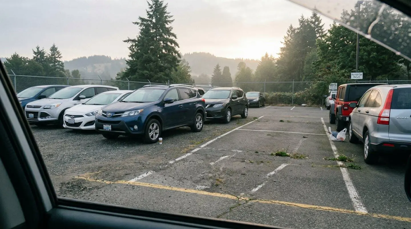 A row of parked rental vehicles in a lot under early morning light with one parking space notably empty