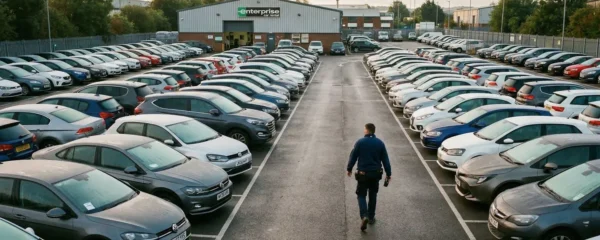 A car park at a vehicle rental depot in early morning light with some cars clearly sitting unused while others are being prepared for collection