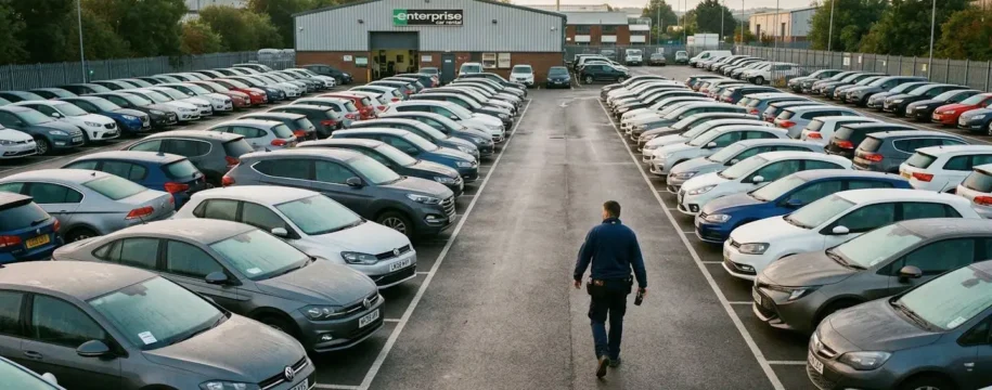 A car park at a vehicle rental depot in early morning light with some cars clearly sitting unused while others are being prepared for collection