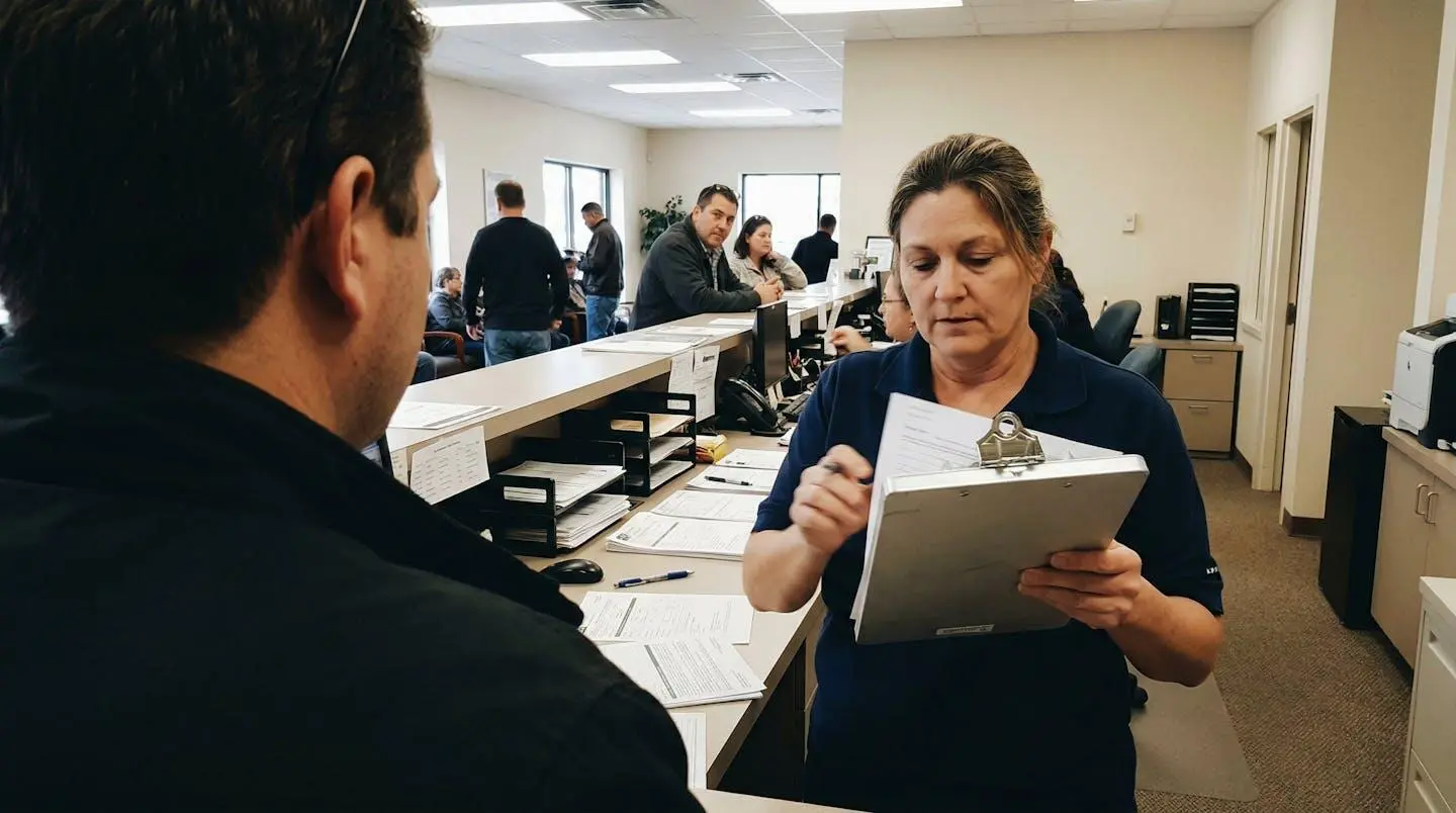 A rental desk employee holding a clipboard while reviewing paperwork with a customer waiting nearby in a typical office environment